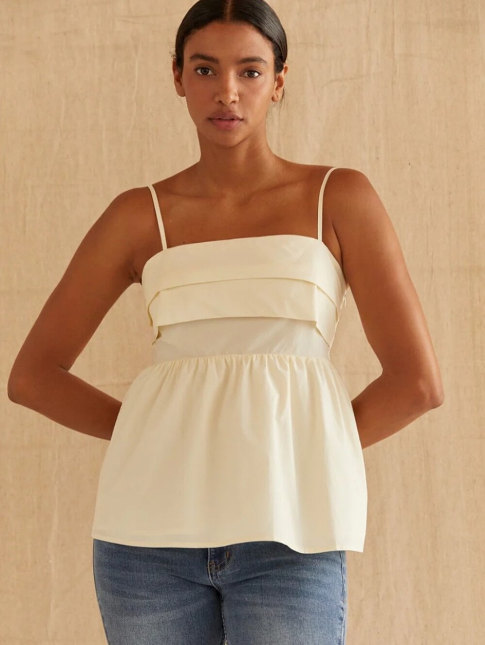 Crescent Mindy Pleated Babydoll Camisole Top Ivory White Size Small